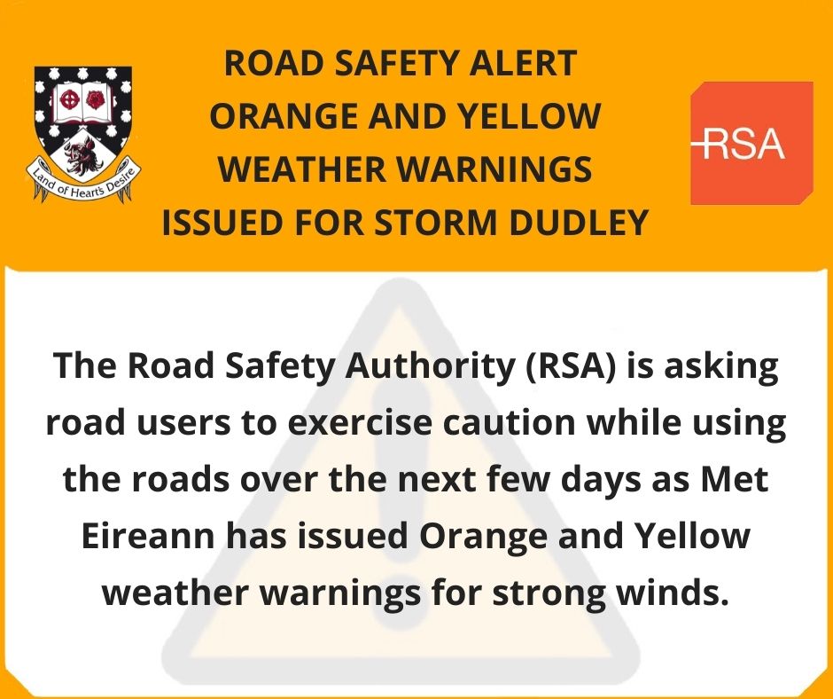 Road Safety Alert – Orange and Yellow Weather Warnings Issued for Storm Dudley